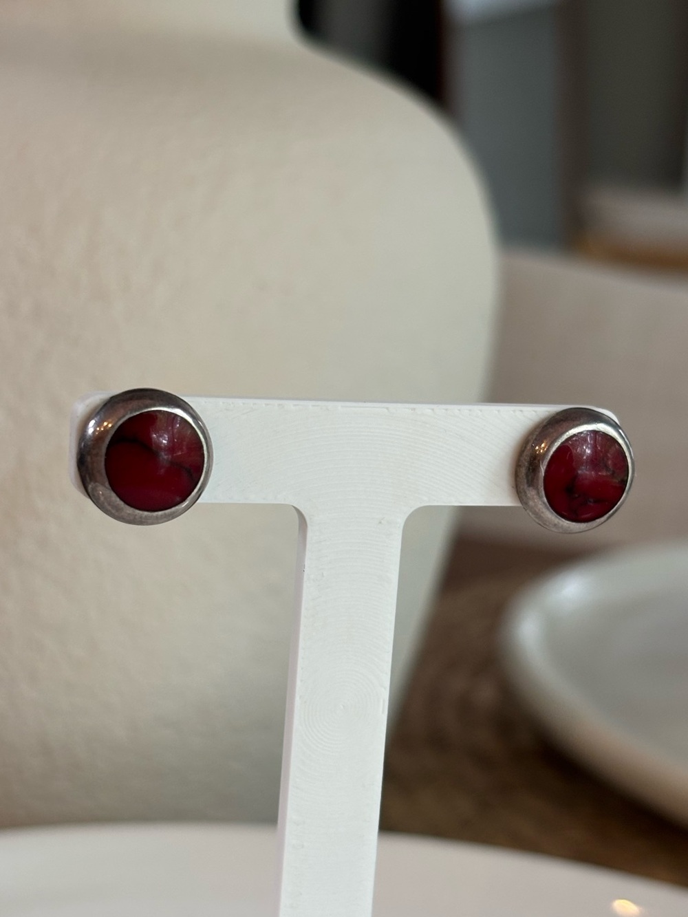 Vintage Taxco Mexico Sterling Silver Red Cabochon Stud Earrings 11mm TP-101 925
